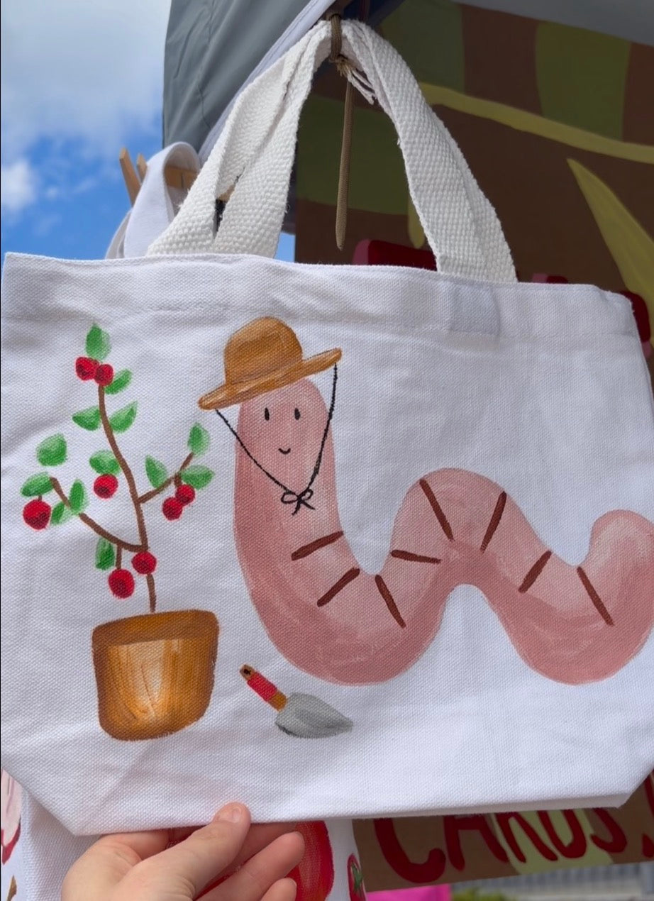 Worm Gardener Tote - Medium Hand Painted Tote Bag